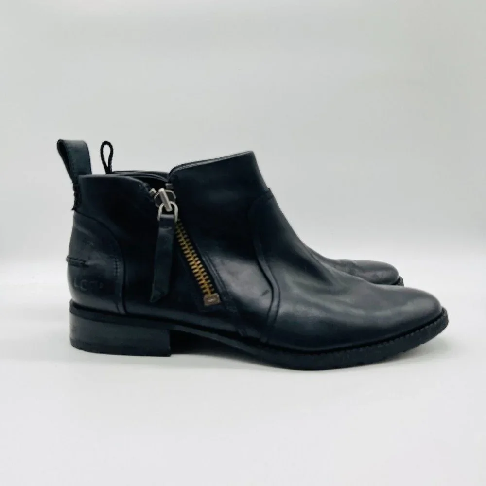 UGG Black Leather Ankle Booties with Side Zipper